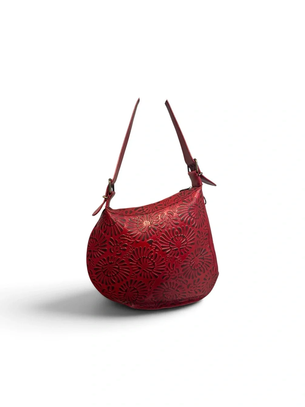 Rare Vintage Fendi Red Embossed Floral Leather Oyster Hobo Shoulder Bag